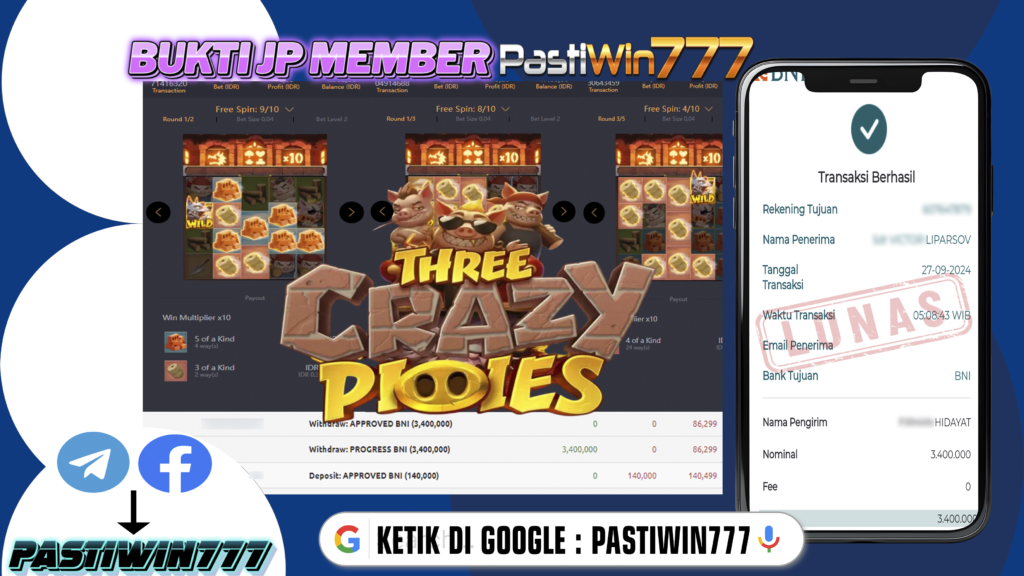 BUKTI TERBARU PEMBAYARAN MEMBER JP SLOT THREE CRAZY PIGGIES DI PASTIWIN777 HARI INI!!!