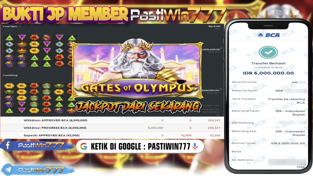 BUKTI JACKPOT TERBARU MEMBER PASTIWIN777 DI GAME SLOT GATE OF OLYMPUS HARI INI