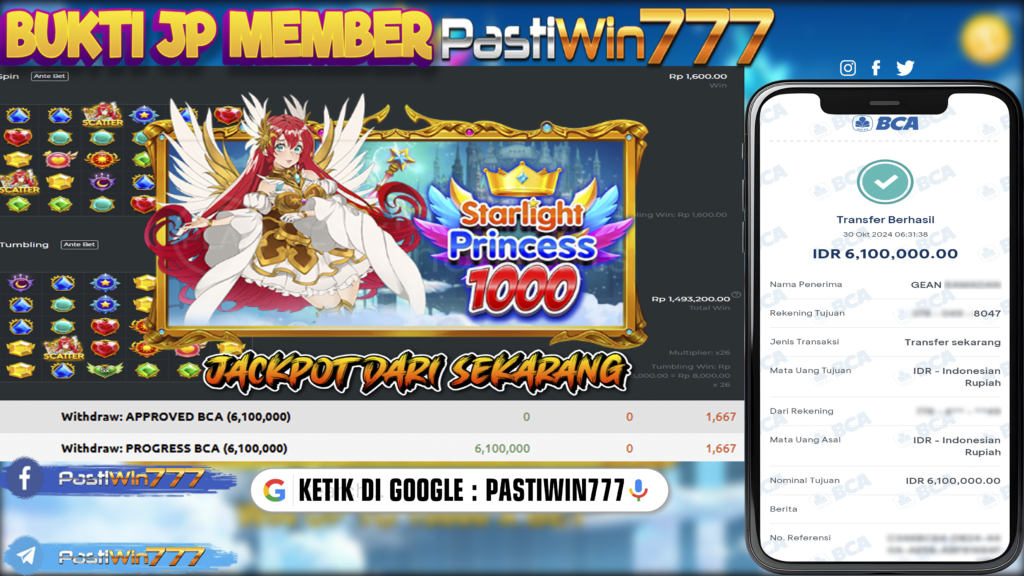 BUKTI PEMBAYARAN MEMBER JP SLOT STARLIGHT PRINCESS 1000 DI PASTIWIN777 HARI INI