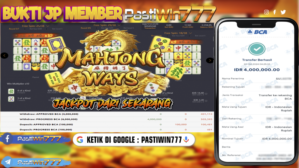 BUKTI TERBARU MEMBER JP SLOT MAHJONG WAYS DI PASTIWIN777 HARI INI