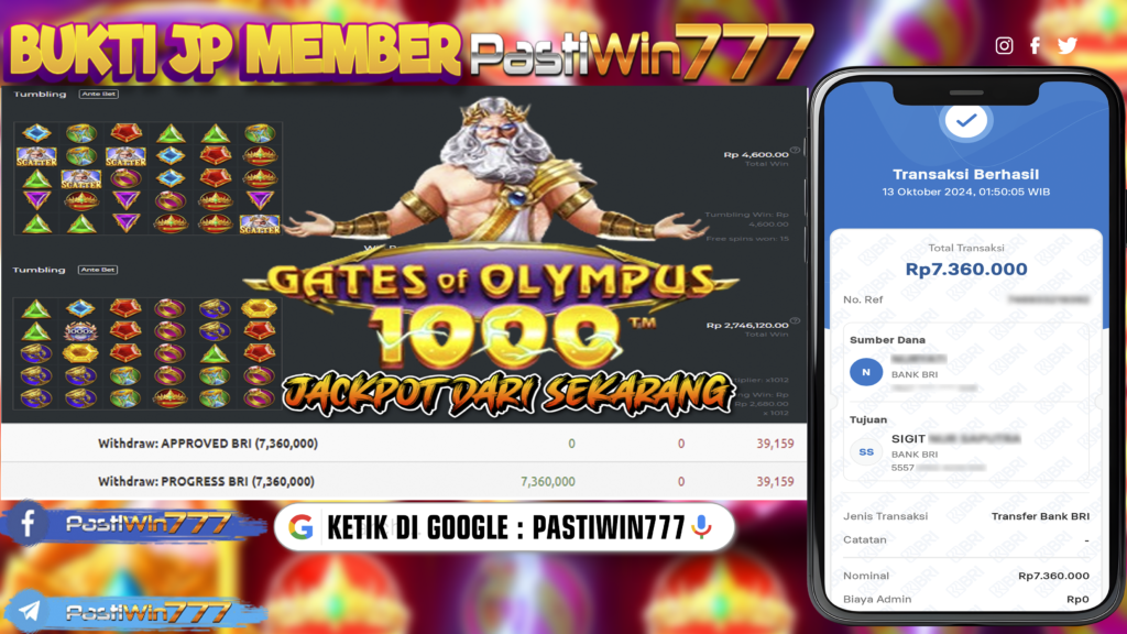 BUKTI TERBARU PEMBAYARAN MEMBER JP SLOT GATE OF OLYMPUS 1000 DI PASTIWIN777 HARI INI!!!