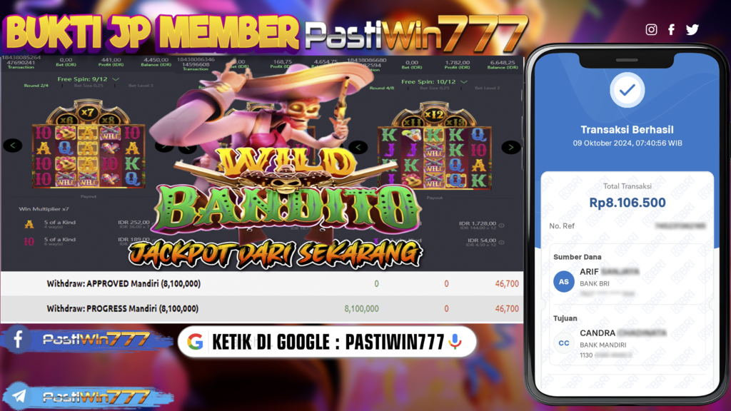 BUKTI TERBARU PEMBAYARAN MEMBER JP SLOT WILD BANDITO DI PASTIWIN777 HARI INI!!!