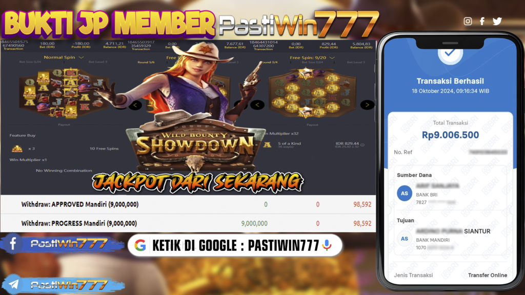 BUKTI TERBARU MEMBER JP SLOT WILD BOUNTY SHOWDOWN DI PASTIWIN777 HARI INI