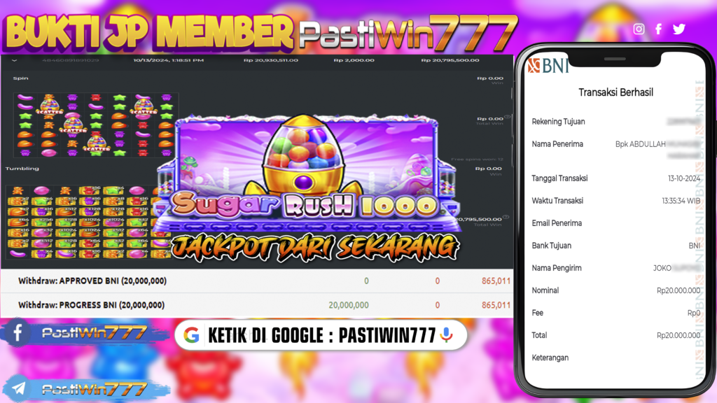 BUKTI TERBARU PEMBAYARAN MEMBER JP SLOT SUGAR RUSH 1000 DI PASTIWIN777 HARI INI!!!