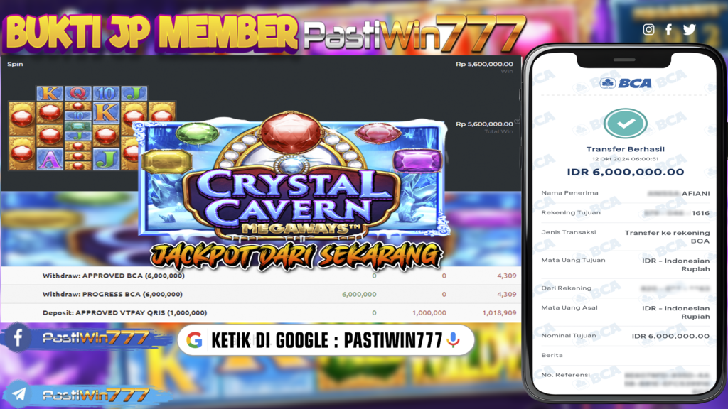 BUKTI PEMBAYARAN JP SLOT CRYSTAL CAVERNS MEGAWAYS DI PASTIWIN777 HARI INI!!!!