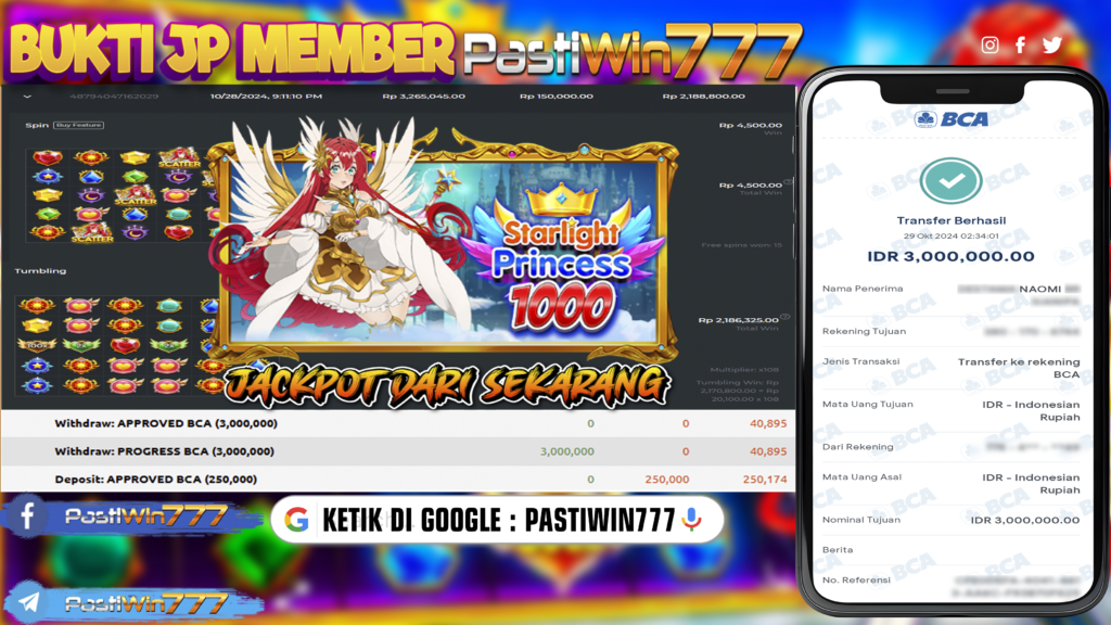 BUKTI PEMBAYARAN MEMBER JP SLOT STARLIGHT PRINCESS 1000 DI PASTIWIN777 HARI INI