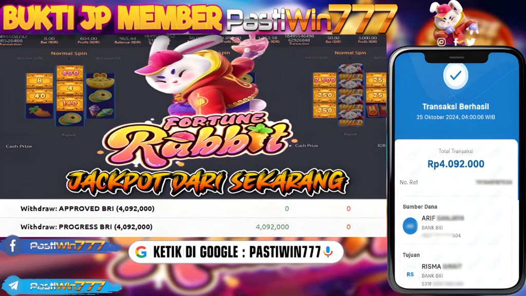 BUKTI TERBARU PEMBAYARAN MEMBER JP SLOT FORTUNE RABBIT DI PASTIWIN777 HARI INI