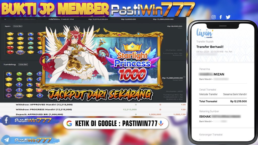 BUKTI PEMBAYARAN MEMBER JP SLOT STARLIGHT PRINCESS 1000 DI PASTIWIN777 HARI INI