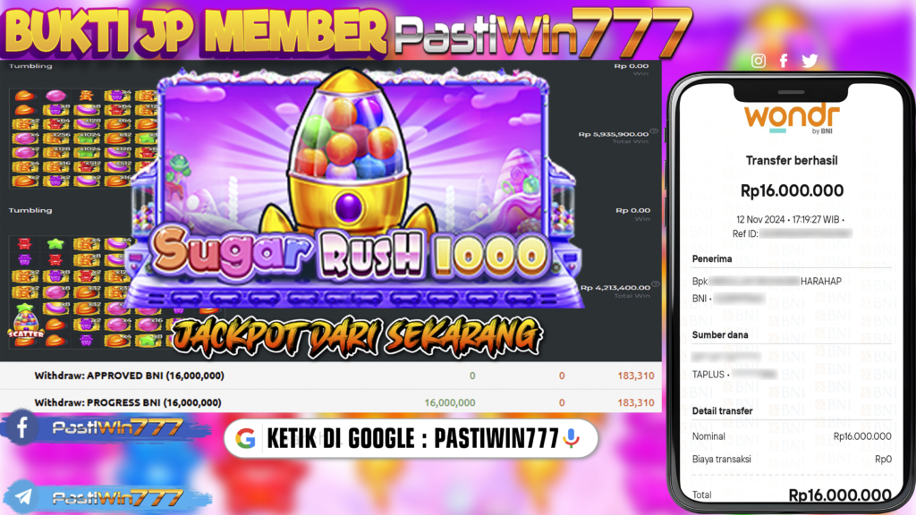 BUKTI TERBARU MEMBER JP SLOT SUGAR RUSH 1000 DI PASTIWIN777 HARI INI