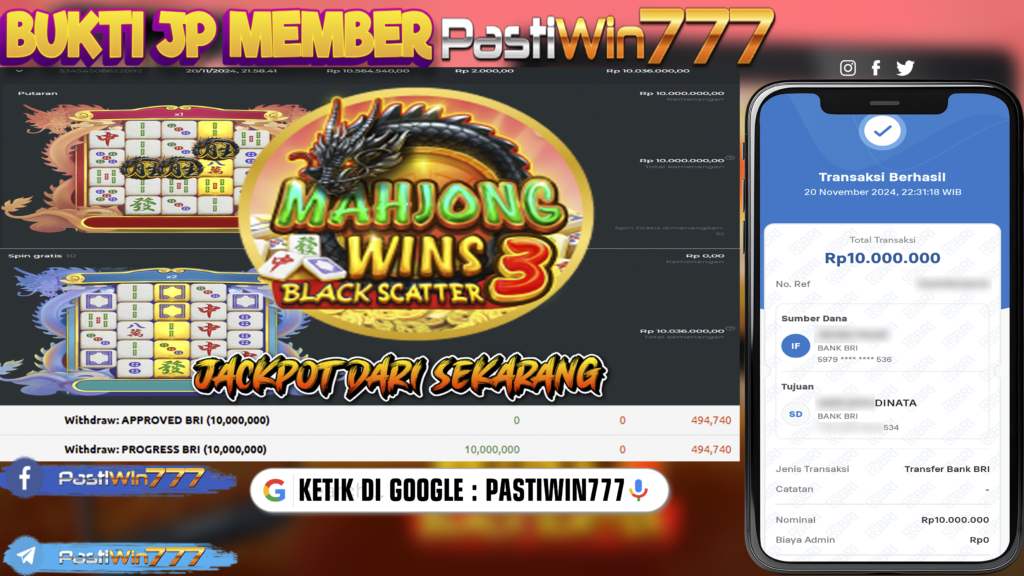 BUKTI TERBARU MEMBER JP SLOT MAHJONG WINS 3-BLACK SCATTER DI PASTIWIN777 HARI INI