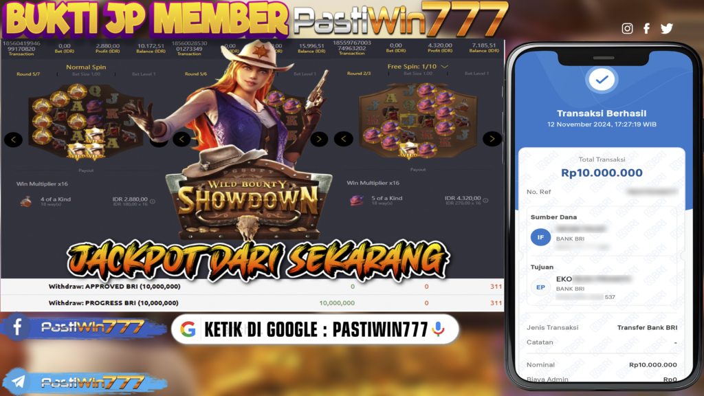 BUKTI TERBARU MEMBER JP SLOT WILD BOUNTY SHOWDOWN DI PASTIWIN777 HARI INI