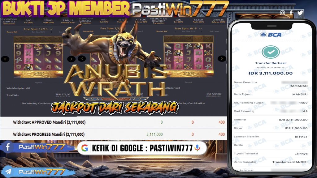 BUKTI PEMBAYARAN MEMBER JP SLOT ANUBIS WRATH DI PASTIWIN777 HARI INI