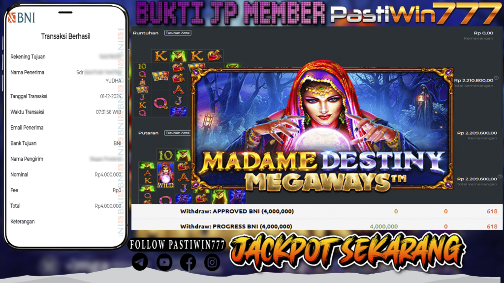 BUKTI TERBARU MEMBER JP SLOT MADAME DESTINY MEGAWAYS DI PASTIWIN777 HARI INI