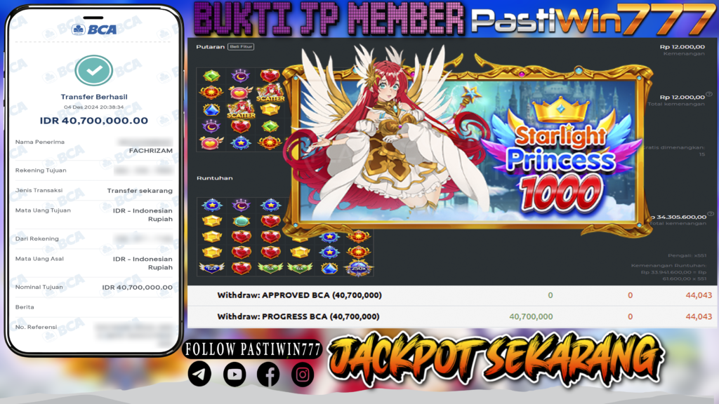 BUKTI PEMBAYARAN MEMBER JP SLOT STARLIGHT PRINCESS 1000 DI PASTIWIN777 HARI INI