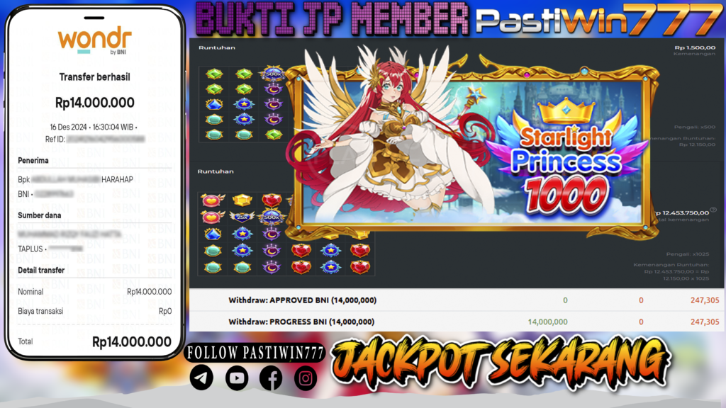 BUKTI PEMBAYARAN MEMBER JP SLOT STARLIGHT PRINCESS 1000 DI PASTIWIN777 HARI INI