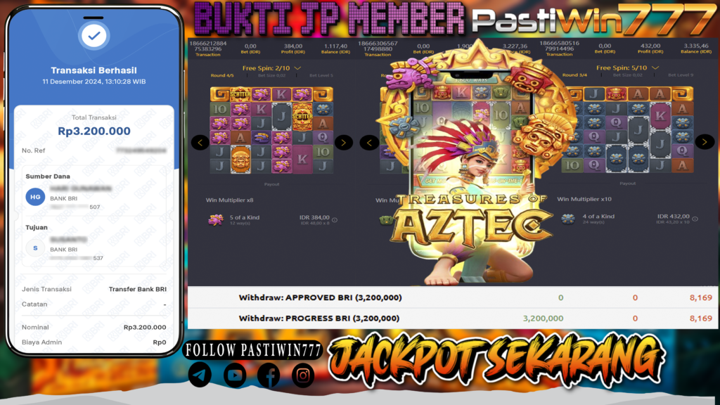 BUKTI PEMBAYARAN MEMBER JP TREASURES OF AZTEC DI PASTIWIN777 HARI INI