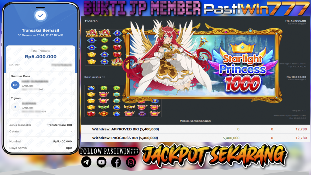 BUKTI PEMBAYARAN MEMBER JP SLOT STARLIGHT PRINCESS 1000 DI PASTIWIN777 HARI INI