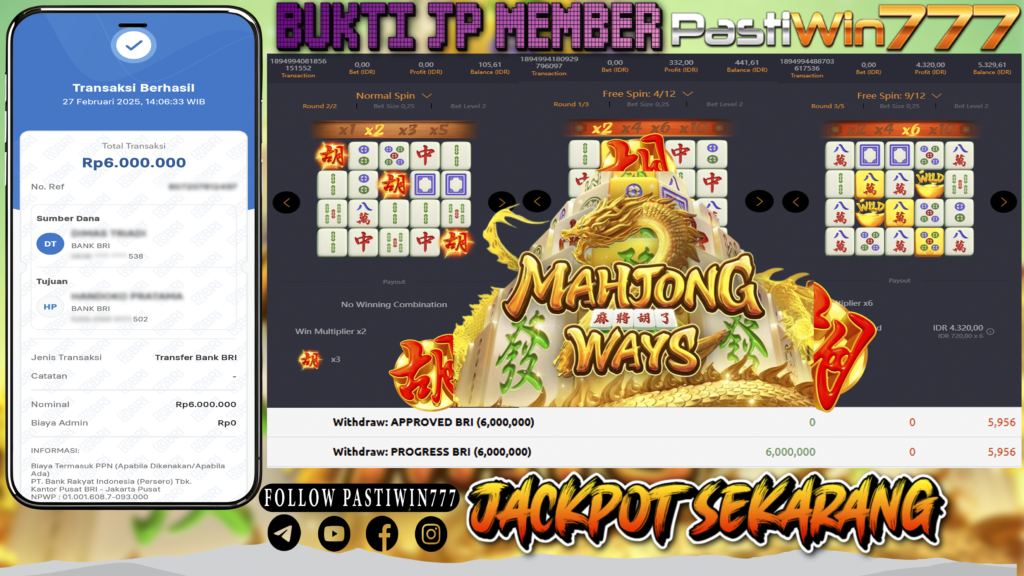 BUKTI JP MEMBER PASTIWIN777 BERMAIN DI MAHJONG WAYS