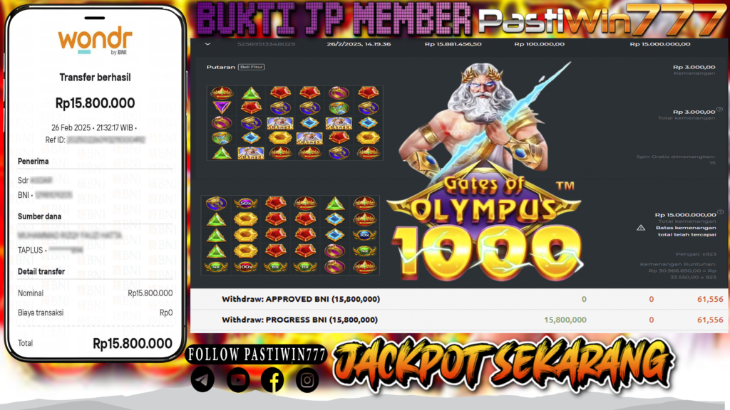 BUKTI JP MEMBER PASTIWIN777 BERMAIN DI GATES OF OLYMPUS 1000